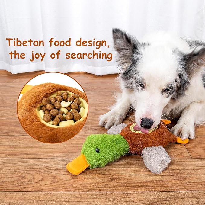 Hollypet Squeaky Plush Stuffed Dog Puzzle Toy with Slow Feeder Bowl, Interactive Chew Toy for Small and Medium Dogs, Wild Duck