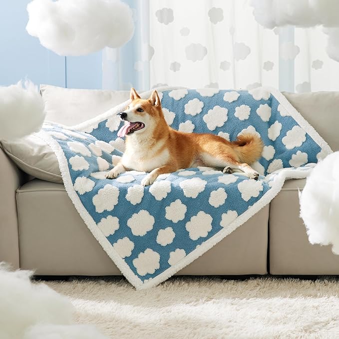 LE SURE Waterproof Dog Blanket for Large Dogs - Washable Double Sided Dog Blankets with Warm Jacquard Shag and Soft Sherpa Fleece, Pet Cat Blanket for Couch Protection, 3D Textured Cloud, Blue