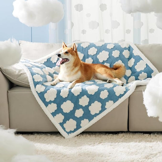 LE SURE Waterproof Dog Blanket for Large Dogs - Washable Double Sided Dog Blankets with Warm Jacquard Shag and Soft Sherpa Fleece, Pet Cat Blanket for Couch Protection, 3D Textured Cloud, Blue