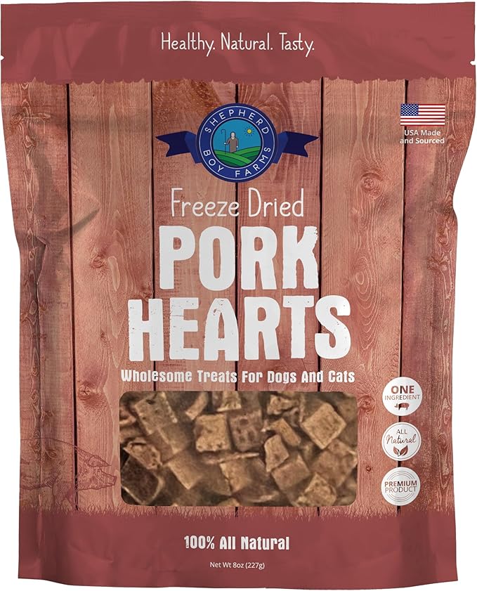Freeze Dried Dog and Cat Treats, Pork Heart, All Natural Single Ingredient Freeze-Dried Treat & Snacks, Made in USA, High Protein, Essential Nutrition of Raw Dog Food, 8oz