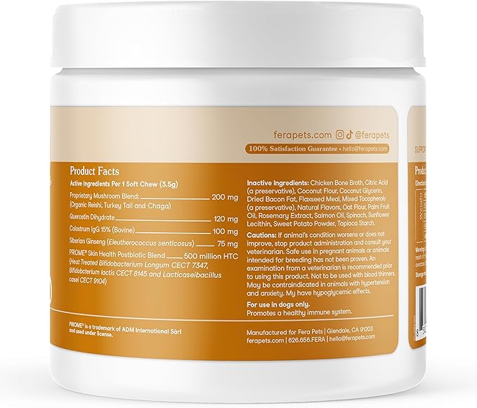 Fera Pets Dog Allergy Chews – Allergy Relief & Itching Skin Relief – Immune & Gut Support with Organic Mushrooms, Postbiotics & Colostrum – Promotes Skin Health – 90 Soft Chews