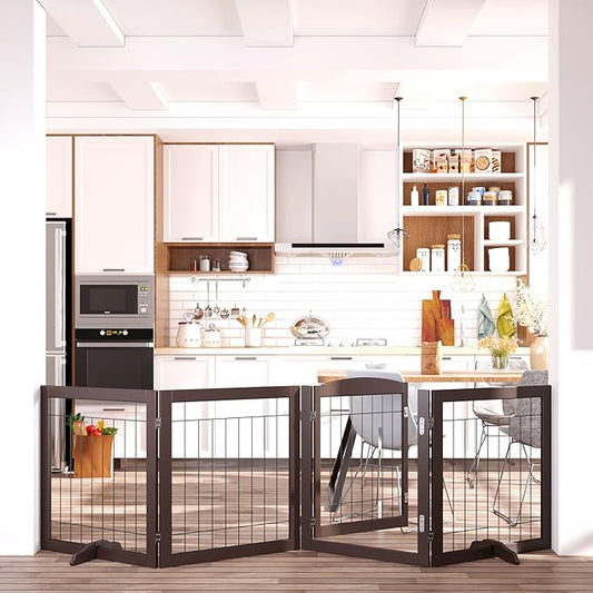 Vantas Folding Pet Gate 96" Wide, 30" Tall No-Assembly Wooden Dog Gate with Door Walk Through, Freestanding Wire Pet Gate, Pet Puppy Safety Fence, with 2PCS Support – Espresso