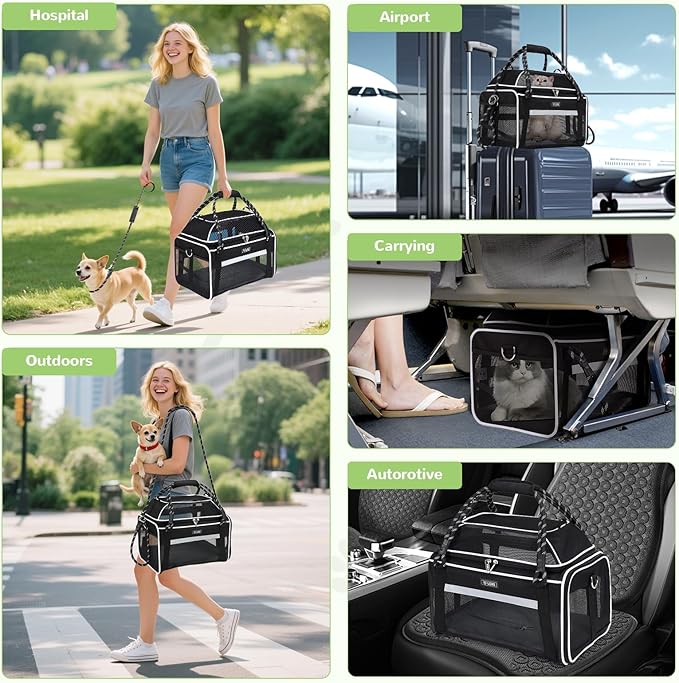 Lekereise Top Expandable Pet Carrier TSA Airline Approved Soft Sided Underseat Up to 12lbs Travel Carriers for Small Cats and Dogs with Convertable Dog Leash and Anti-Scratch Mesh