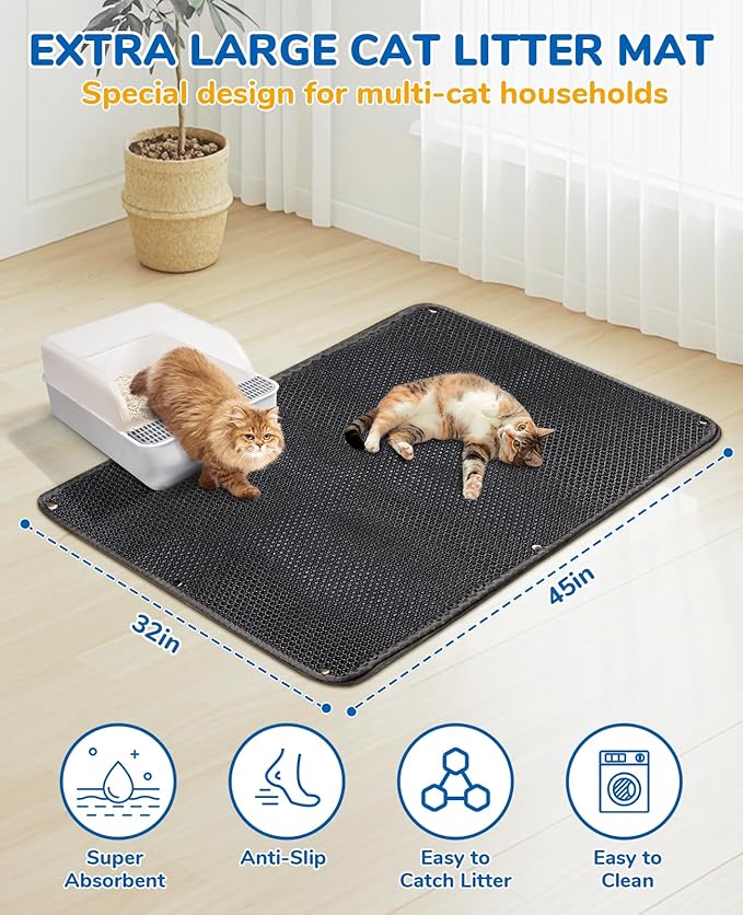 BurgeonNest 45"x32" Extra Large Cat Litter Mat, Honeycomb Double Layer Kitty Litter Trapping Mat, Urine Proof & Waterproof, Easy Clean, Machine Washable, Non-Slip, Scatter Control, Black