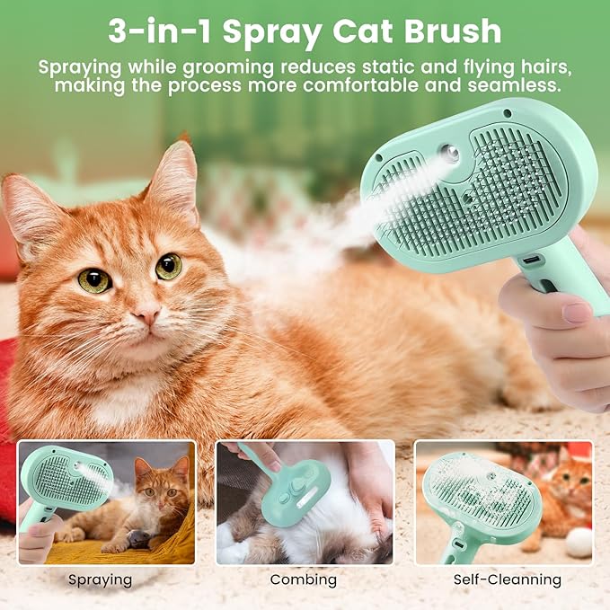 3 in 1 Cat Steam Brush, Pet Spray Hair Removal Comb for Shedding & Grooming, Water Brush for Cats Dogs Small Animals Long Short Haired with One-Click Release Button(Green)