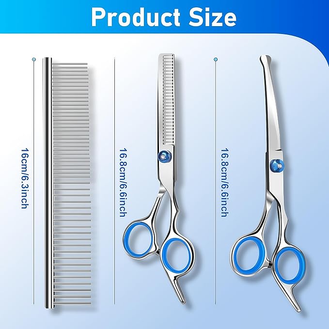 Professional 4 in 1 Dog Grooming Scissors Kit with Safety Round Tips, Sharp and Durable Pet Grooming Shears for Dogs and Cats.