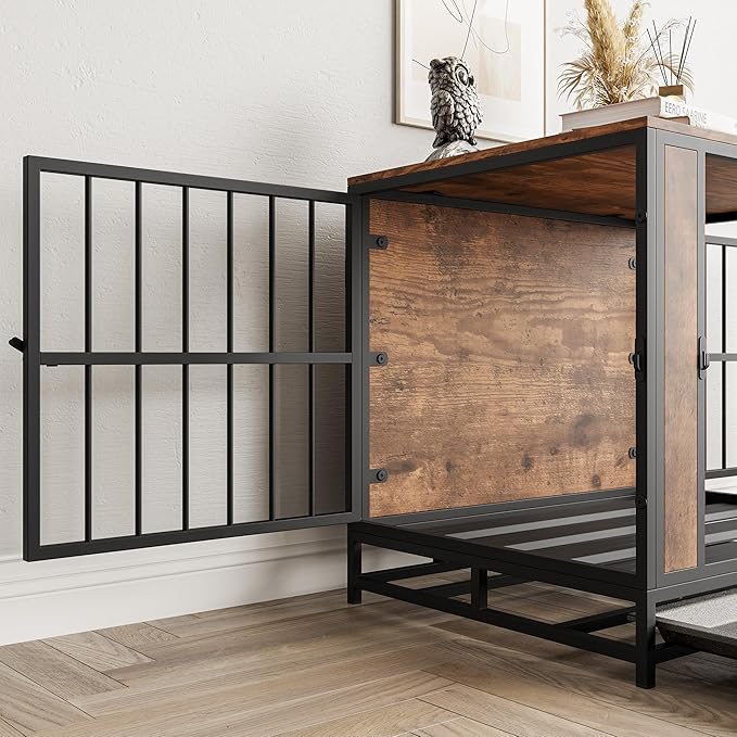 Dog Crate Furniture - Metal & Wooden Dog Kennel with 3 Doors, End Table for Small Dogs, Heavy Duty Dog House, Rustic Black & Brown