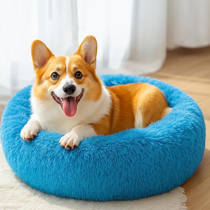 28in Large Dog Bed, Medium Size Dog and Cats, Calming Donut Bed for Puppy and Kitten, Washable Round Fluffy Pet Bed (Light Blue)