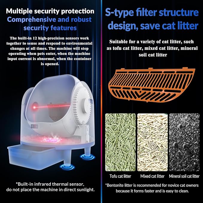 Self Cleaning Litter Box, Automatic Cat Litter Box Self Cleaning with Large Capacity, App Control, Safety Protection, Removable Washable Liner, 1 Roll Garbage Bags, Open-Top