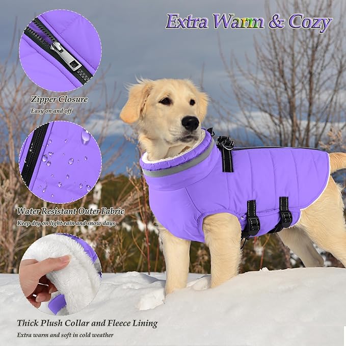 Dogcheer Dog Coat with Harness, Waterproof Dog Jacket Adjustable Winter Coat with Zipper, Christmas Puppy Snow Jacket Fleece Sweater for Small Medium Large Dogs - Taro Purple S