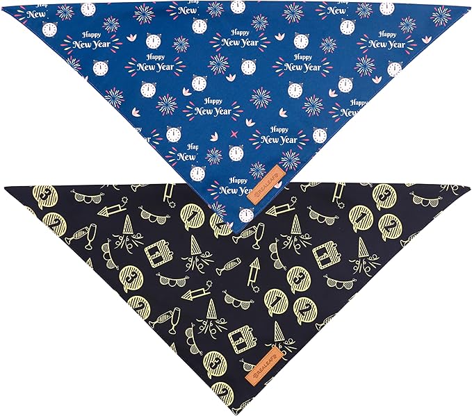 Realeaf Happy New Year Dog Bandanas 2 Pack, Reversible Holiday Pet Scarf for Boy and Girl, Premium Durable Fabric, Bandana for Small Medium Large and Extra Large Dogs (Small)
