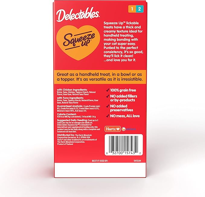 Hartz Delectables Squeeze Up Interactive Lickable Wet Cat Treats for Adult & Senior Cats, Chicken & Tuna, 10 Count,5 oz