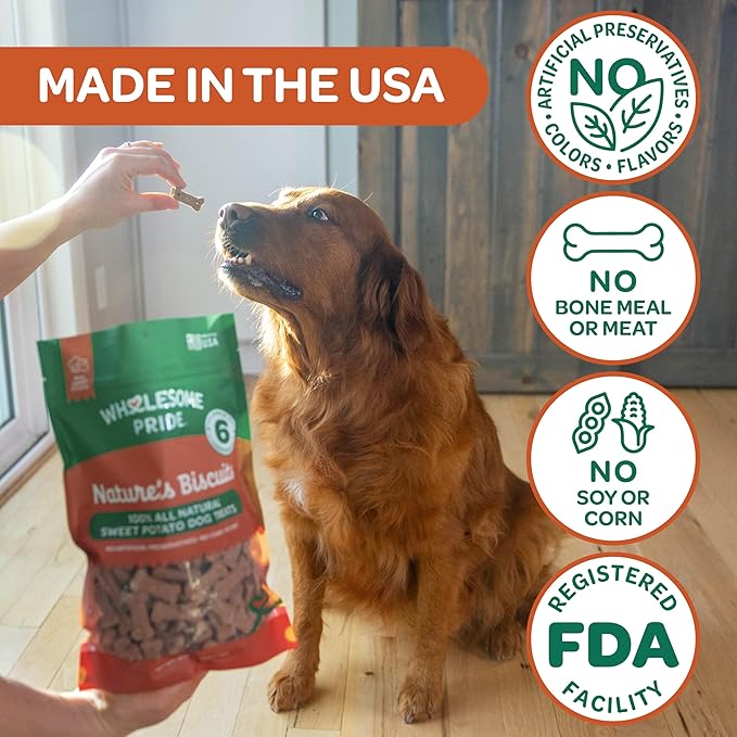 Wholesome Pride Nature’s Biscuits Dog Treats - Crunchy, Natural, Limited Ingredient, Grain-Inclusive Recipe with Fiber‑Rich Sweet Potato - Mini Bone-Shaped Treats for Dogs - 16 oz Bag