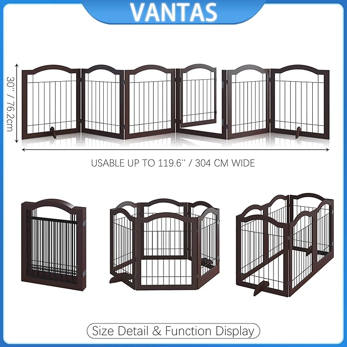 Vantas Folding No-Assembly Dog Door Pet Gate 144" Wide, 30" Tall Wooden Dog Gate with Door Walk Through, Freestanding Wire Pet Gate, Pet Puppy Safety Fence, with 2PCS Support – Espresso