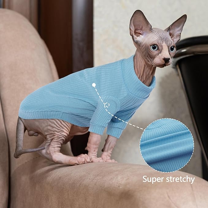 PUMYPOREITY Stretchy Cat Shirt & Sweater with Sleeves - Soft Cat Clothes for Sphynx, Devon Rex & More - Blue, XL