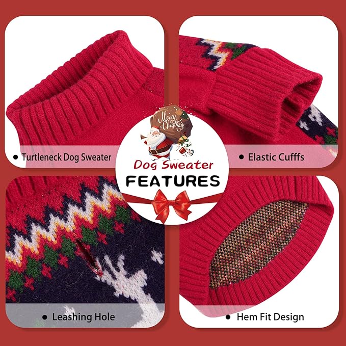Queenmore Christmas Sweater, Knitted Pullover Turtleneck Outfit for Dogs, Warm Clothes for Small Boys or Girls XS