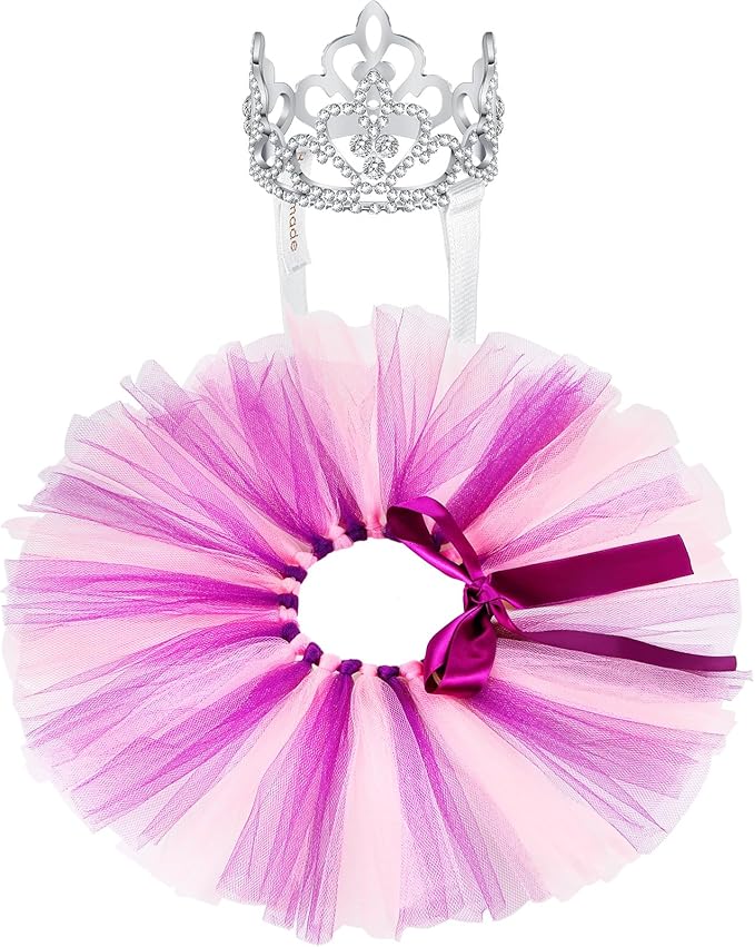 2 Pcs Dog Crown Headband Dog Tutu Dress Set Crystal Rhinestone Tiara Crown Tutu Skirt Pet Dress Costume for Puppy Birthday Party Wedding Photo Prop Costume(Large,Pink Purple)