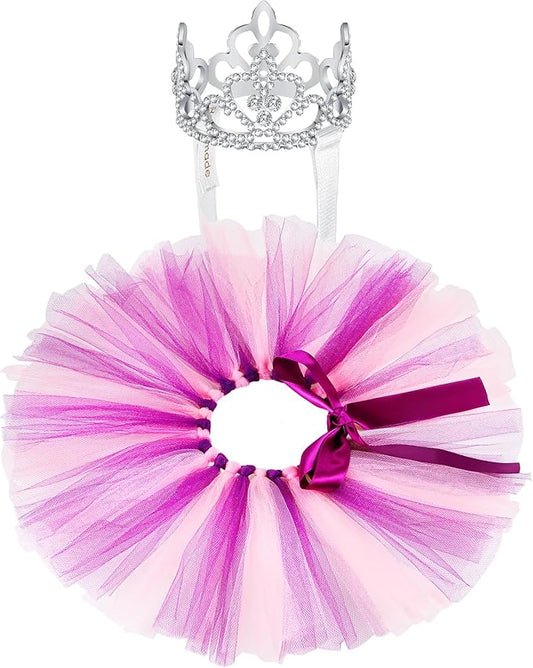 2 Pcs Dog Crown Headband Dog Tutu Dress Set Crystal Rhinestone Tiara Crown Tutu Skirt Pet Dress Costume for Puppy Birthday Party Wedding Photo Prop Costume(Small,Pink Purple)