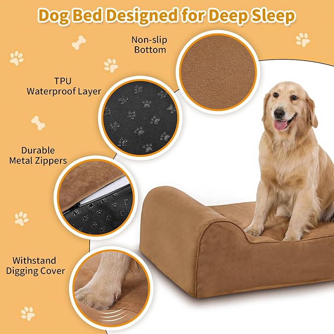 Orthopedic Dog Beds for Large Dogs, 7" Memory Foam Dog Beds with Waterproof Liner, Chew Proof Microsuede Cover, Removable and Washable, Nonskid Bottom, 48"x30"x7" L Khaki