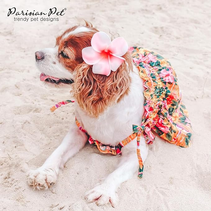 Parisian Pet Hawaiian Dog Dress - Floral Beach Outfit - Breathable Summer Clothes - Pull-Up Straps - Medium Dog Girl Dress
