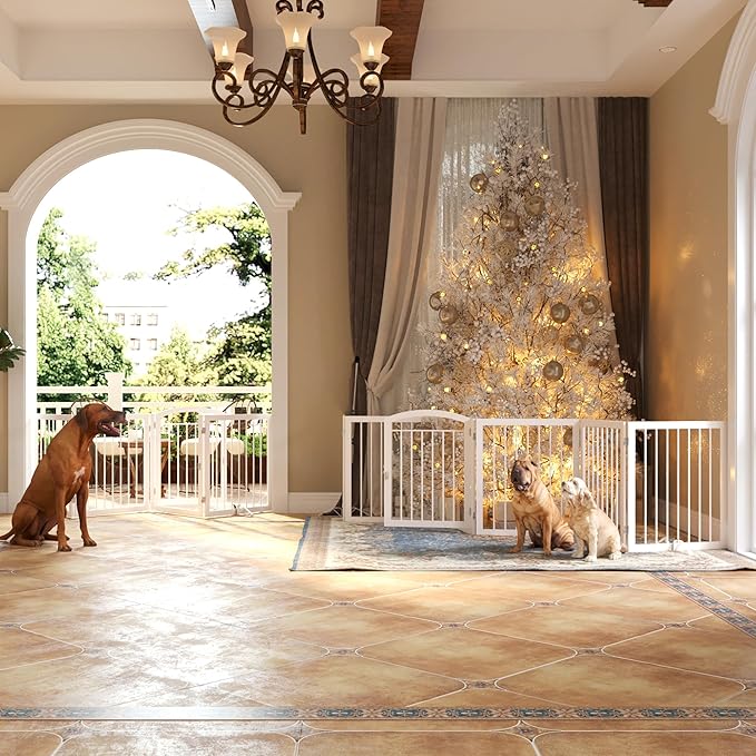 JSB 144-inch Extra Wide 30-inch Tall Dog gate with Door Walk Through, Freestanding Round Tube Pet Gate for Halls Stairs, Puppy Safety Dog Fence with 2PCS Support Feet (White)