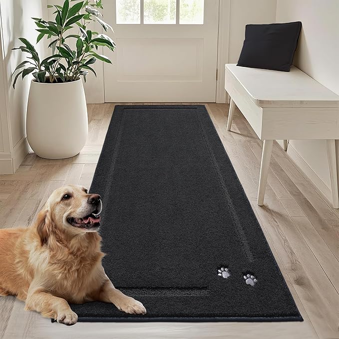 BEQHAUSE Dog Door Mat for Muddy Paws 32"x70" Dirt Trapper Absorbent Doormat Non Slip Entryway Rugs Washable Stain Resistant Welcome Floor Mat Soft Low-Profile for Front Back Door, Black