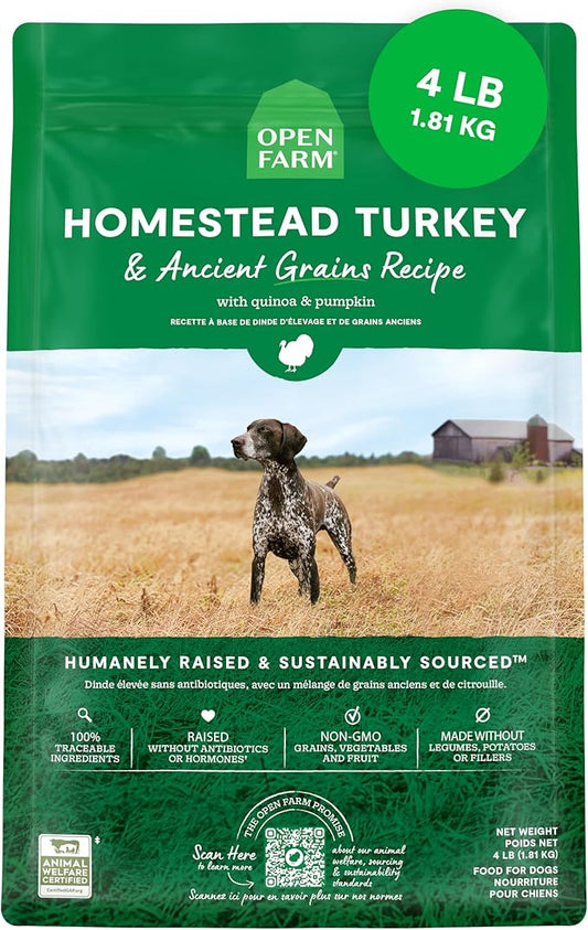 Open Farm, Ancient Grains Dry Dog Food, Protein-Rich & Nutrient Dense, 90% Animal Protein Mixed with Non-GMO Fruits, Veggies and Superfoods, Homestead Turkey Recipe, 4lb Bag