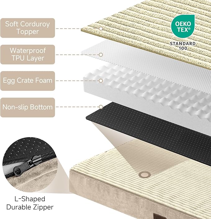 OhGeni Orthopedic Waterproof & Machine Washable Dog Bed for Small Medium Pets, Suitable for Crates, Cat Mat with 25D Egg Crate Foam, Removable Cover, 30 Inches(Khaki)