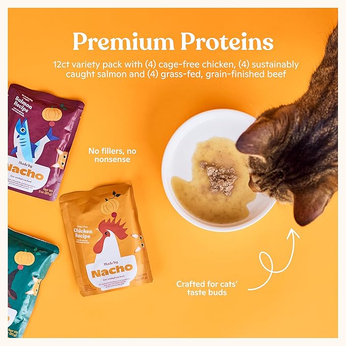 Made by Nacho Wet Cat Food Variety 12 Pack (3oz Each), Cage-Free Chicken, Sustainably Caught Salmon, Grass-Fed Beef with Bone Broth for Extra Hydration, Gravy Cut Pouches