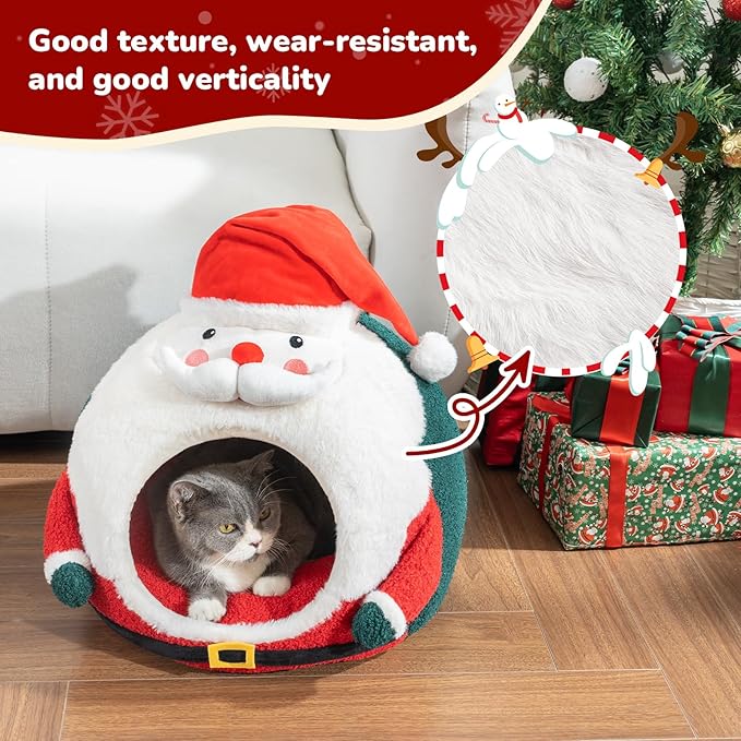 CATISM Christmas Cat Bed - Cat Bed for Indoor Cats, Cute Santa Claus Cat Beds with Warm Cushions Removable Cave with Non-Slip Bottom