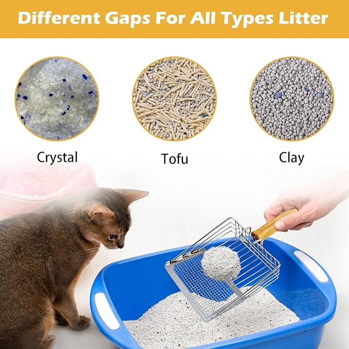 Stainless Steel Cat Litter Scoop,Cat Litter Scooper with Solid Wooden Handle,Kitty Metal Scooper & Speed Sifter Deep Shovel Scoop Filter,Kitten Pooper Lifter for Litter Box