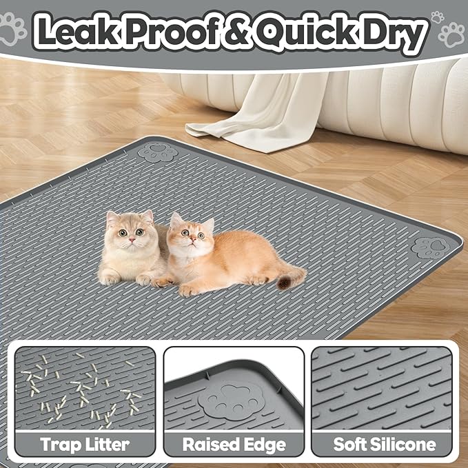 Cat Litter Mat, Extra Large 34" x 22" Silicone Mat Litter Trapping Mat for Scatter Control, Soft on Kitty Paws, Easy to Clean (Dark Grey)