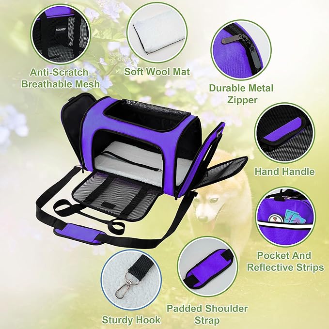 Soundy Large Cat Carrier Dog Carrier Under 25 Lbs,Collapsible Ventilated Portable Pet Bag with Soft Sided Breathable Mesh for Long Car Trips Maxi Load 2 Kittens or Small, Medium Dog (Large Purple)