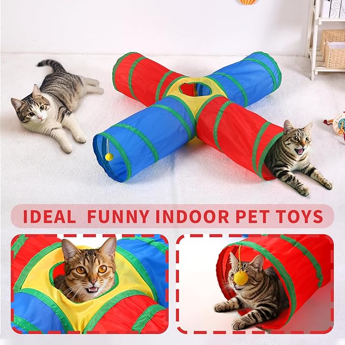 ‌Coolcandy Cat Tunnel & Interactive Cat Toy Indoor, 4 Way Tunnel Toys for Indoor Cats, Collapsible Interactive Peekaboo Cave with Play Ball, for Multi-Way Play & Small Animals