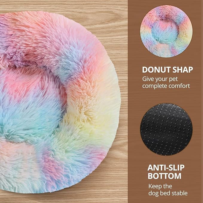 JOLLYVOGUE Medium Calming Dog Bed, Anti-Anxiety Donut Cuddler Cat Bed with Anti-Slip Bottom, Fluffy Faux Fur Machine Washable Pet Cushion for Medium Large Dog & Cat, 31"/Rainbow