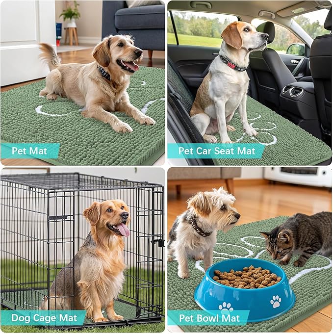 OLANLY Dog Door Mat for Muddy Paws 30x20, Paw Print Design, Absorbs Moisture and Dirt, Non-Slip Washable Doormat, Quick Dry Chenille Mud Mat, Entry Indoor Entryway Carpet, Olive Green and White