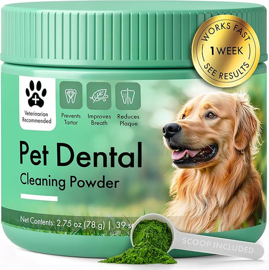 Dog Dental Powder – Dog Breath Freshener – Plaque Off and Tartar Remover for Dogs, Bad Breath Treatment, Natural Tooth Cleaning Powder for Dogs of All Breeds and Sizes – Oral Care Supplement for Pets