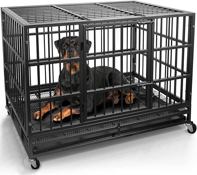 Otaid 48 Inch Heavy Duty Dog Crate Cage Kennel with Wheels, High Anxiety Indestructible Dog Crate, Sturdy Locks Design, Double Door and Removable Tray, Extra Large XL XXL Dog