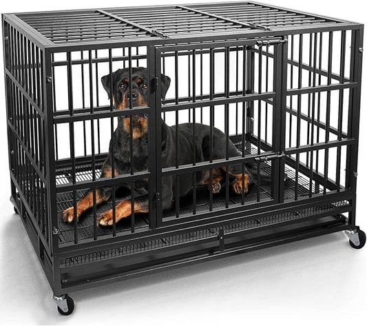 Otaid 48 Inch Heavy Duty Dog Crate Cage Kennel with Wheels, High Anxiety Indestructible Dog Crate, Sturdy Locks Design, Double Door and Removable Tray, Extra Large XL XXL Dog