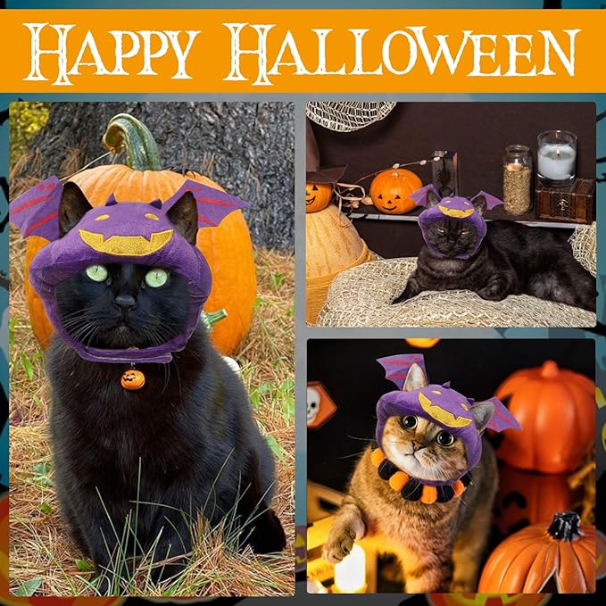 ABTOLS Halloween Dog Cat Bat Shape Hat, Adjustable Soft Small Pet Purple Bat Cap Headwear for Puppy Dogs Kittens Halloween Festival Cosplay Costume Accessory Headgear