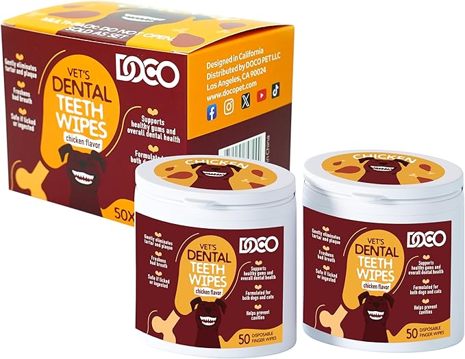 DOCO Dog & Cat Ear & Teeth Cleaning Wipes Kit - Removes Plaque, Tartar & Wax, Freshens Breath, Soothes Ears with Chamomile, Aloe & Bacon Flavor - Gentle & Effective for All Pets, 100 Count