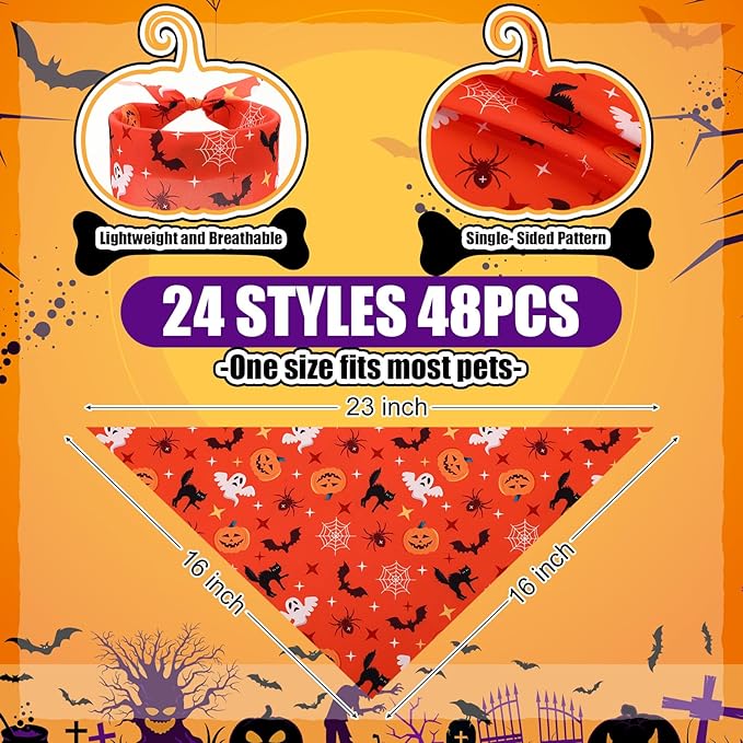 Sanwuta 48 Pcs Halloween Dog Bandanas Bulk Pumpkin Dog Bandanas Adjustable Ghost Colorful Scarf Handkerchief Bib Accessories for Small Medium Large Breeds Pet Costume Accessories