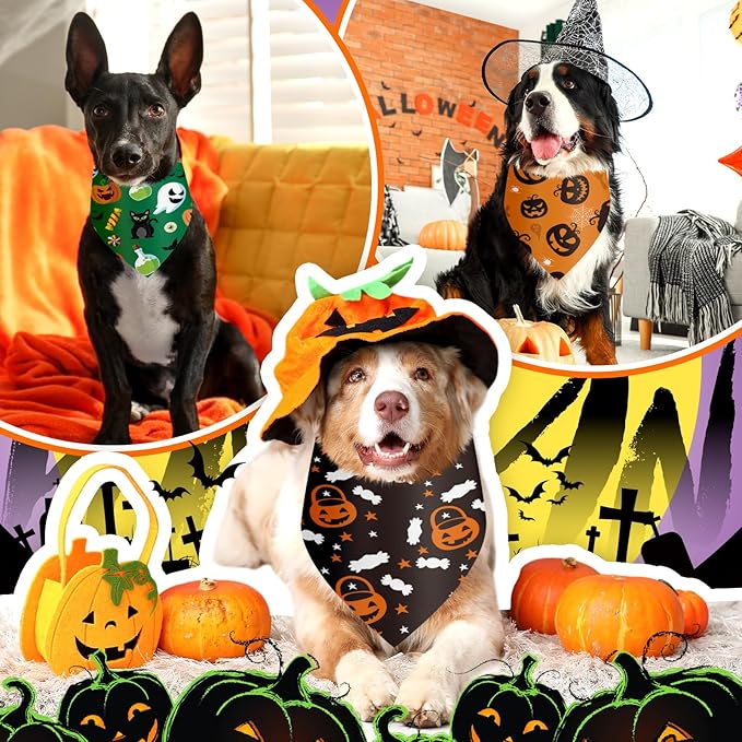 Chunful 120 Pcs Halloween Bandanas Bulk for Dogs Bandanas with Pumpkin Ghost Patterns Soft Bibs Adjustable Triangle Dog Doggie Scarf for Small Medium Large Pet Holiday Costume
