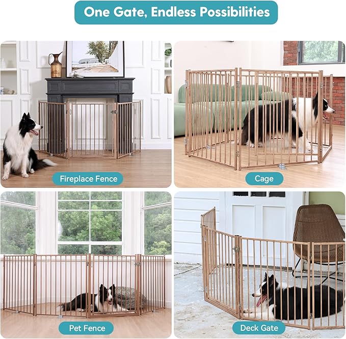 No Pawblems Free Standing Dog Gate with Door, 30'' Tall Foldable Dog Fence for Indoor & Outdoor, Up to 104" Extra Wide Puppy Gate for Stairs, Hallways, Doorways, Deck, Yard (Wood Pattern, 4 Panels)
