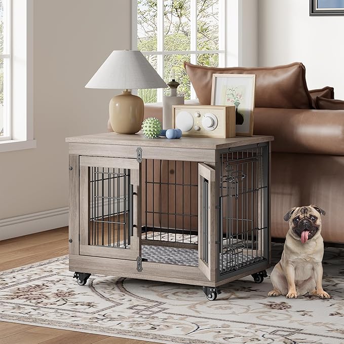 Dog Crate Furniture with Cushion Set of 2, Wooden Dog Kennel Indoor with Double Doors, Dog Cage with Wheels, Dog House Side End Table for Small Dogs up to 30 lb, 27.2" L, Grey