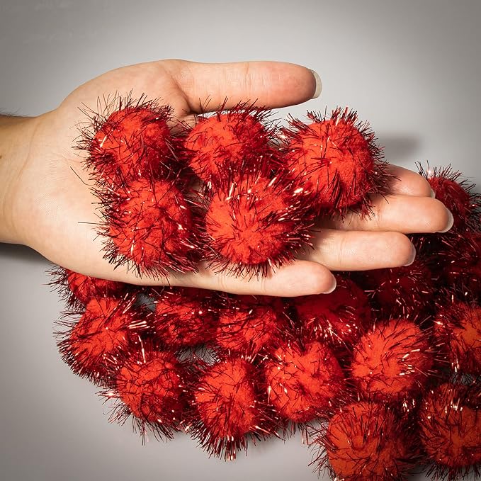VAPKER 30 Piece 1.5" Red Color Sparkle Balls Cat's Favorite Toy Tinsel Pom Poms Glitter