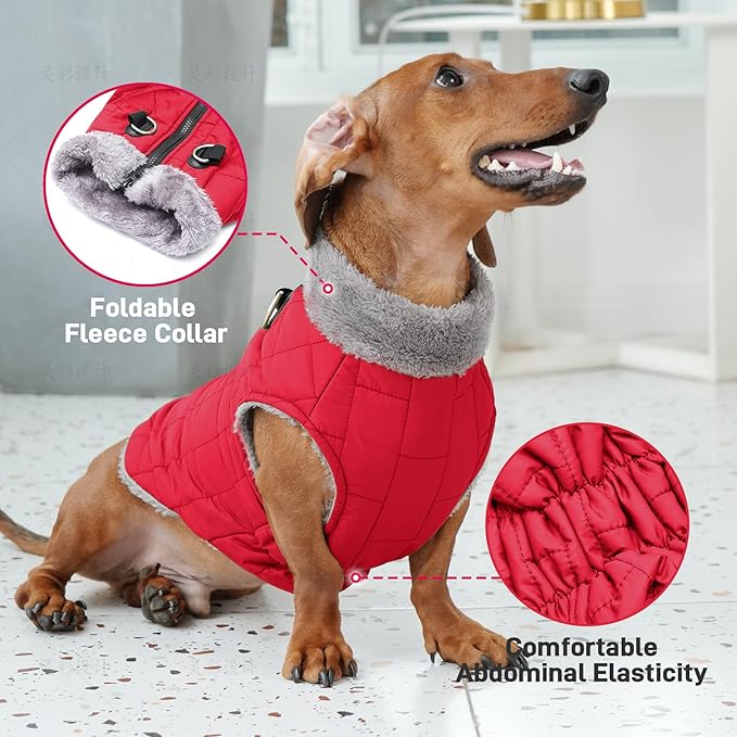 Warm Fleece Dog Coats with Durable Harness Buitl in D-Ring,Waterproof Doggie Jacket for Medium Dogs,Dog Vest for Cold Winter,Red L