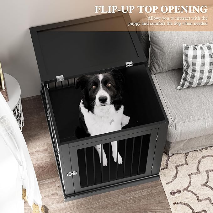 Large Dog Crate Furniture, Wooden Dog Kennel with Cushion, Dog Crate End Table Large, Indoor Dog Kennel, Modern Decorative Dog Crates with Flip Top, Chew-Proof Metal Bars, Black