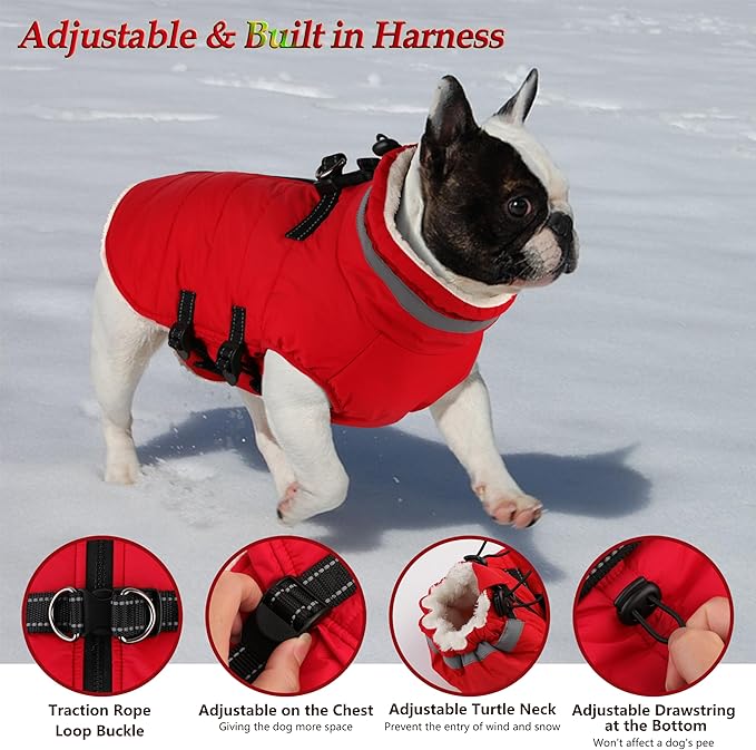 Dogcheer Dog Coat with Harness, Waterproof Dog Jacket Adjustable Pet Winter Coat with Zipper, Christmas Puppy Snow Jacket Fleece Sweater for Small Medium Large Dogs - Red XL