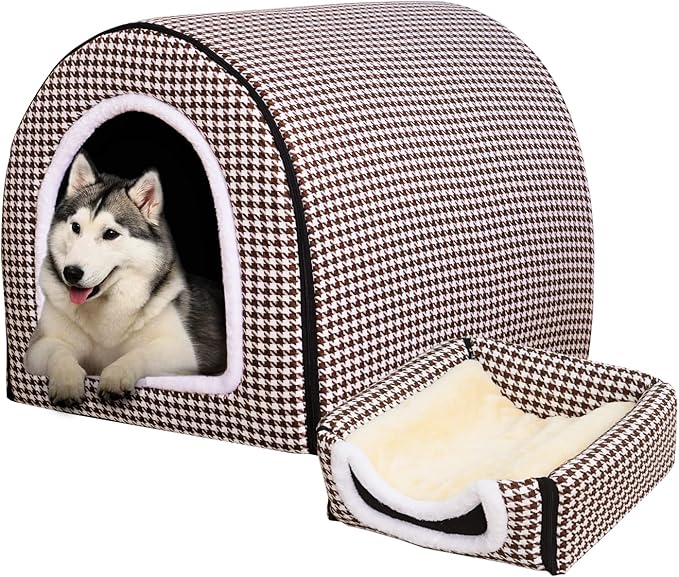 Dog Bed,2 Ways to Use,Indoor Pet House with Fluffy Mat,Removable and Washable Cover,Non-Slip Bottom,for Large Dogs(2XL Brown Cranes)